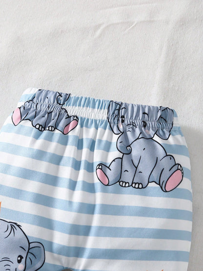 Crown Elephant Baby Four-Piece Set: Cartoon Print Jumpsuit + Striped Pants + Matching Hat And Socks- Fresh And Cute Outfit