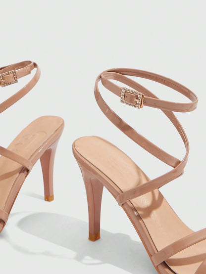 CUCCOO SZL Women Shoes Round Toe Stiletto Nude Stripe With Ankle Strap Women's High Heel Sandals Fashionable Elegance Sexy Party Banquet Dating Women Sandals Summer