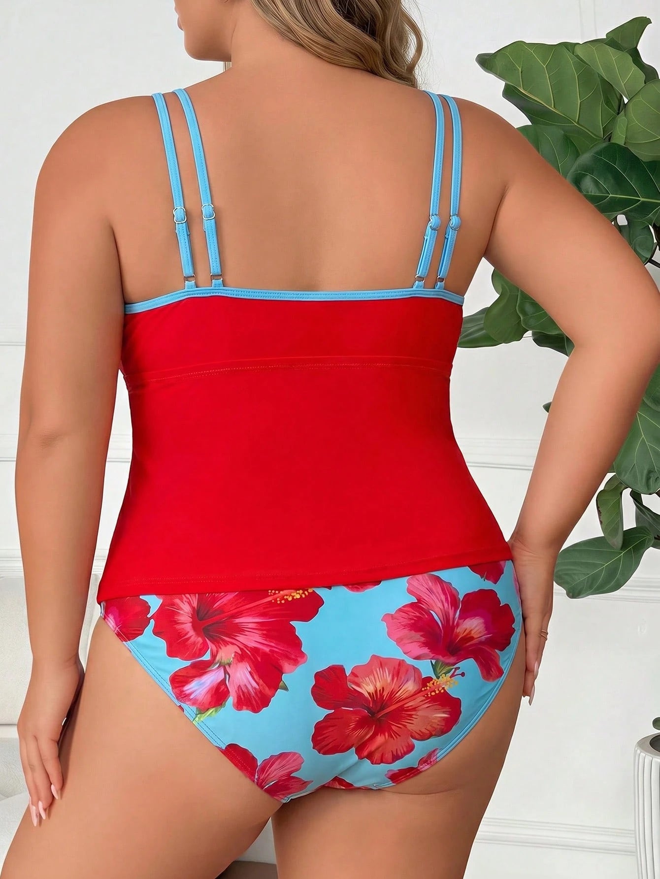 CURVE+ 2026 NEW Plus Size Women 2 Pieces Floral Print V-Neck Tankini Swimwear Holiday Pool Party Beach Vacation White Light Blue Floral Summer Casual Sexy