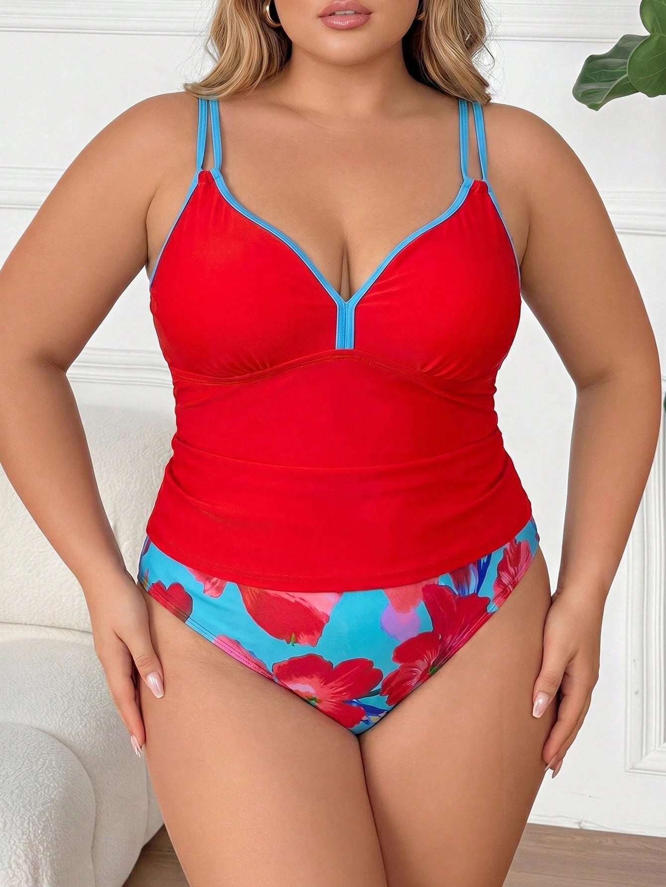 CURVE+ 2026 NEW Plus Size Women 2 Pieces Floral Print V-Neck Tankini Swimwear Holiday Pool Party Beach Vacation White Light Blue Floral Summer Casual Sexy