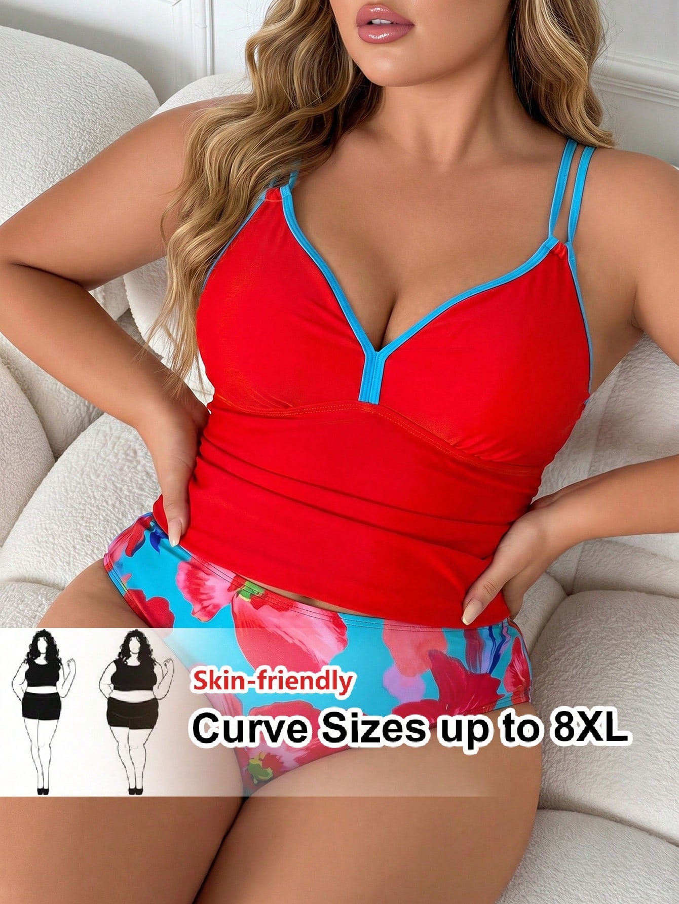 CURVE+ 2026 NEW Plus Size Women 2 Pieces Floral Print V-Neck Tankini Swimwear Holiday Pool Party Beach Vacation White Light Blue Floral Summer Casual Sexy