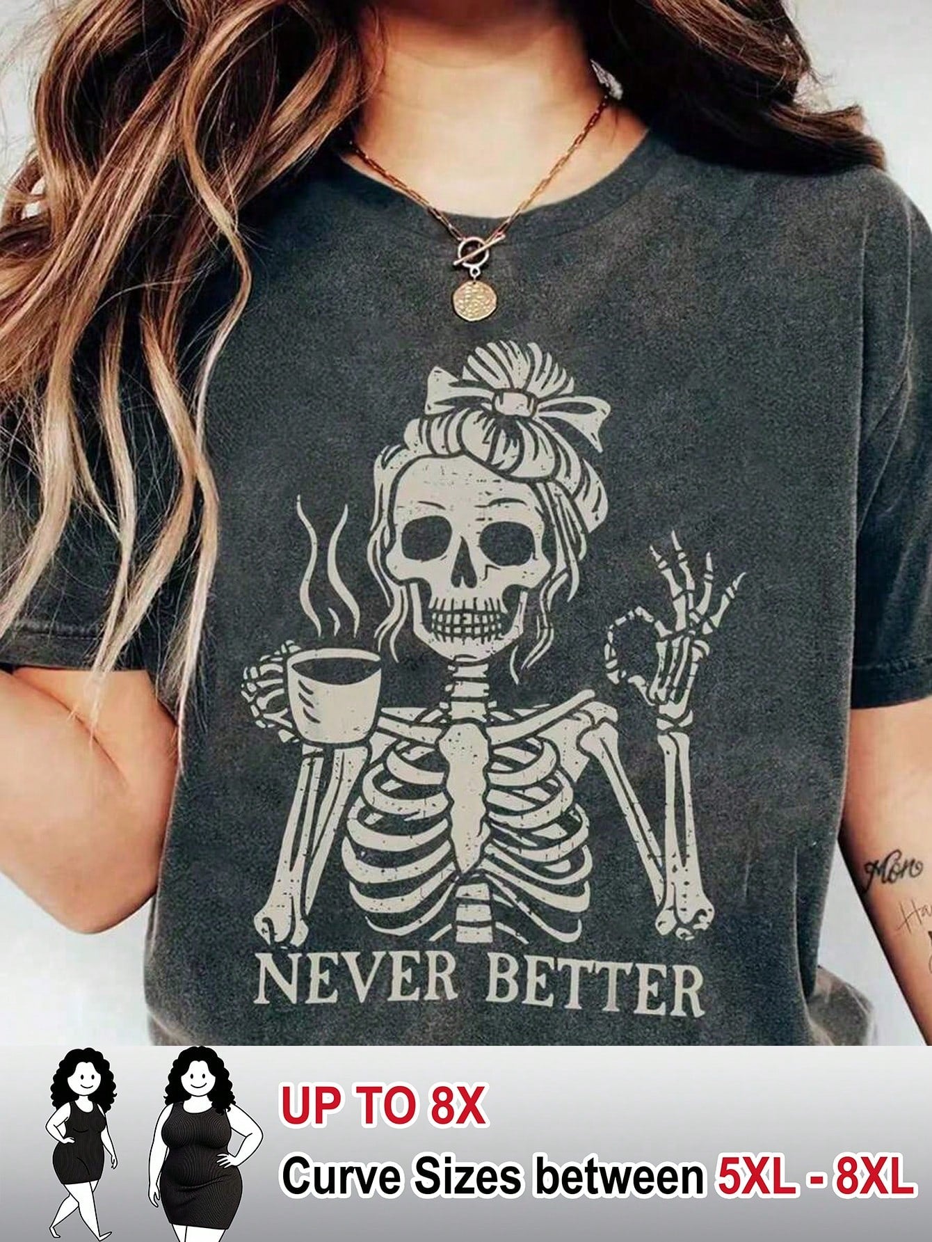CURVE+ Coffee Skull Girl Lettered Print Round-Neck Short-Sleeved Plus Size T-Shirt