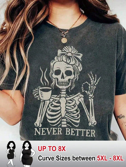 CURVE+ Coffee Skull Girl Lettered Print Round-Neck Short-Sleeved Plus Size T-Shirt