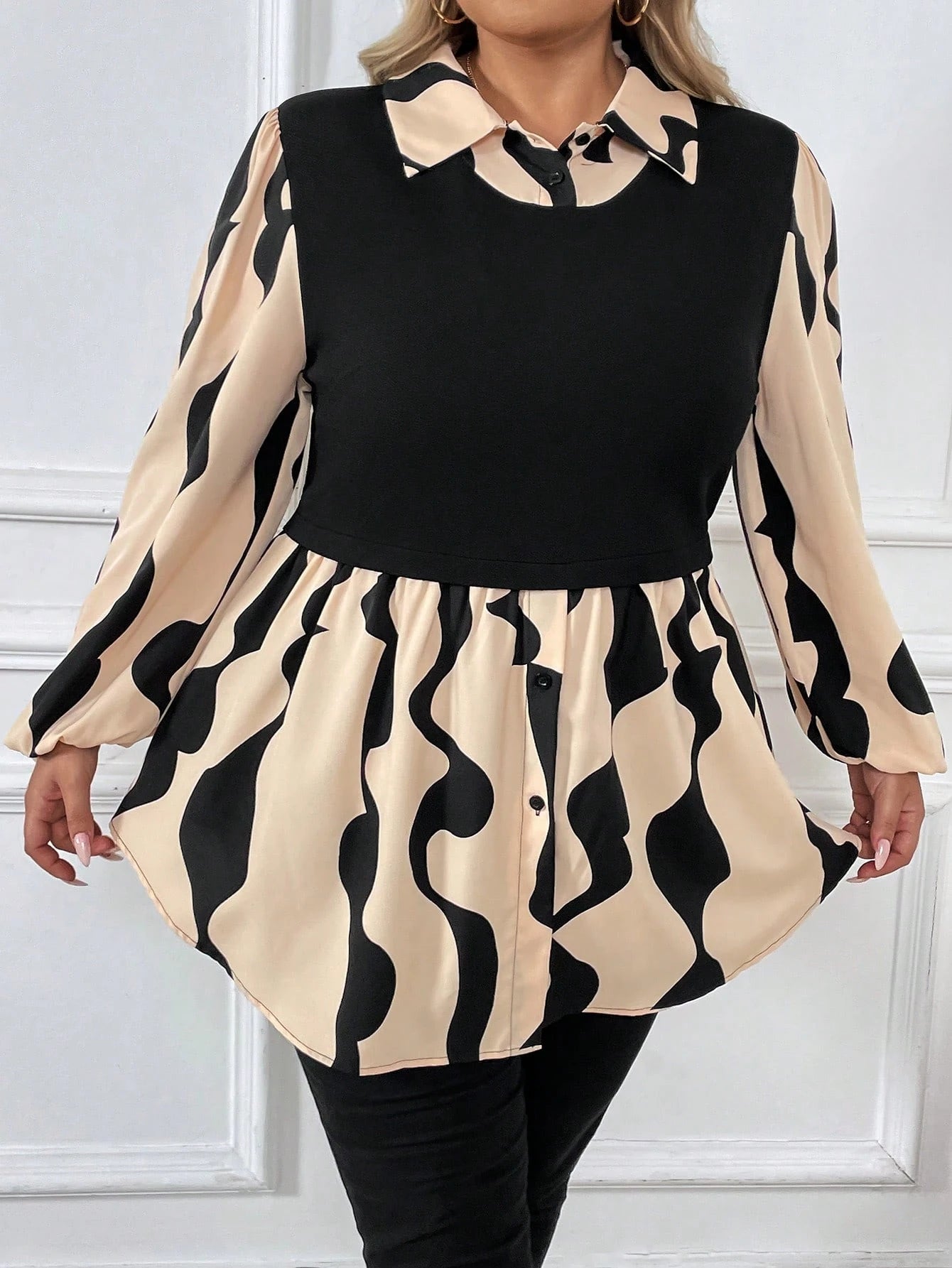 CURVE+ Plus Graphic Print Lantern Sleeve 2 In 1 Peplum Top Fall