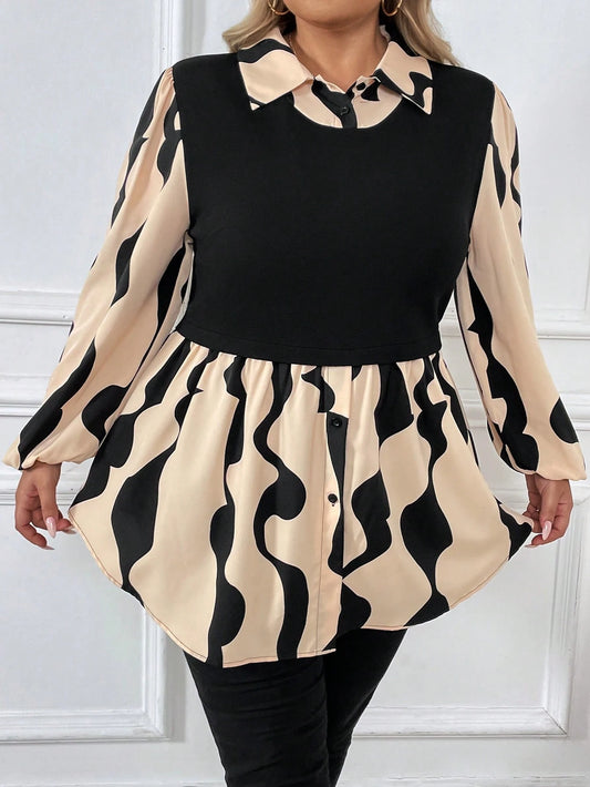 CURVE+ Plus Graphic Print Lantern Sleeve 2 In 1 Peplum Top Fall