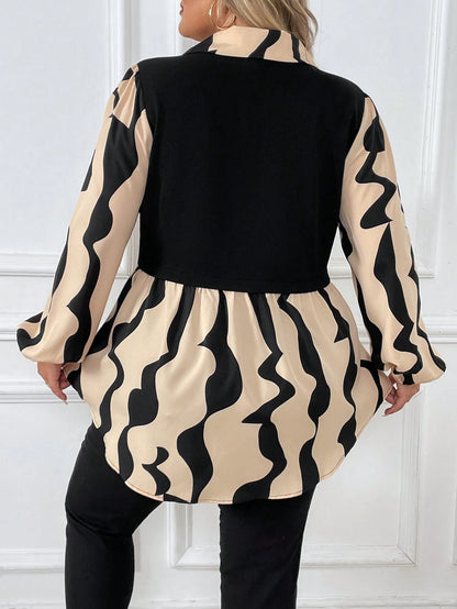 CURVE+ Plus Graphic Print Lantern Sleeve 2 In 1 Peplum Top Fall
