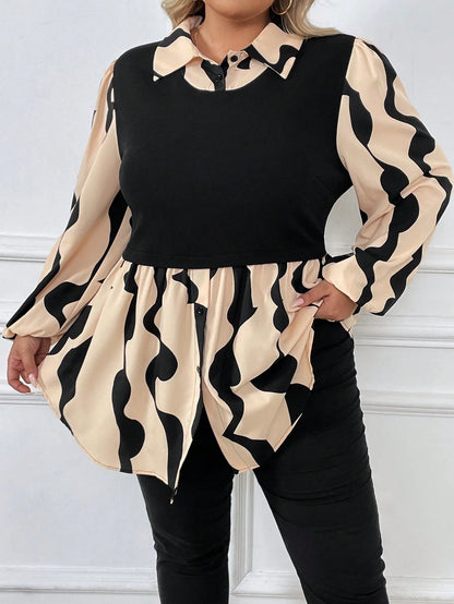 CURVE+ Plus Graphic Print Lantern Sleeve 2 In 1 Peplum Top Fall