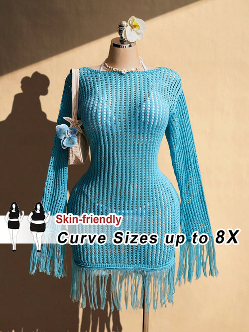 CURVE+ Plus Size Retro Sexy Fashion Personalized Beach Casual Resort Bohemian Style Flare Sleeve Tassel Trim Fitted Knit Dress