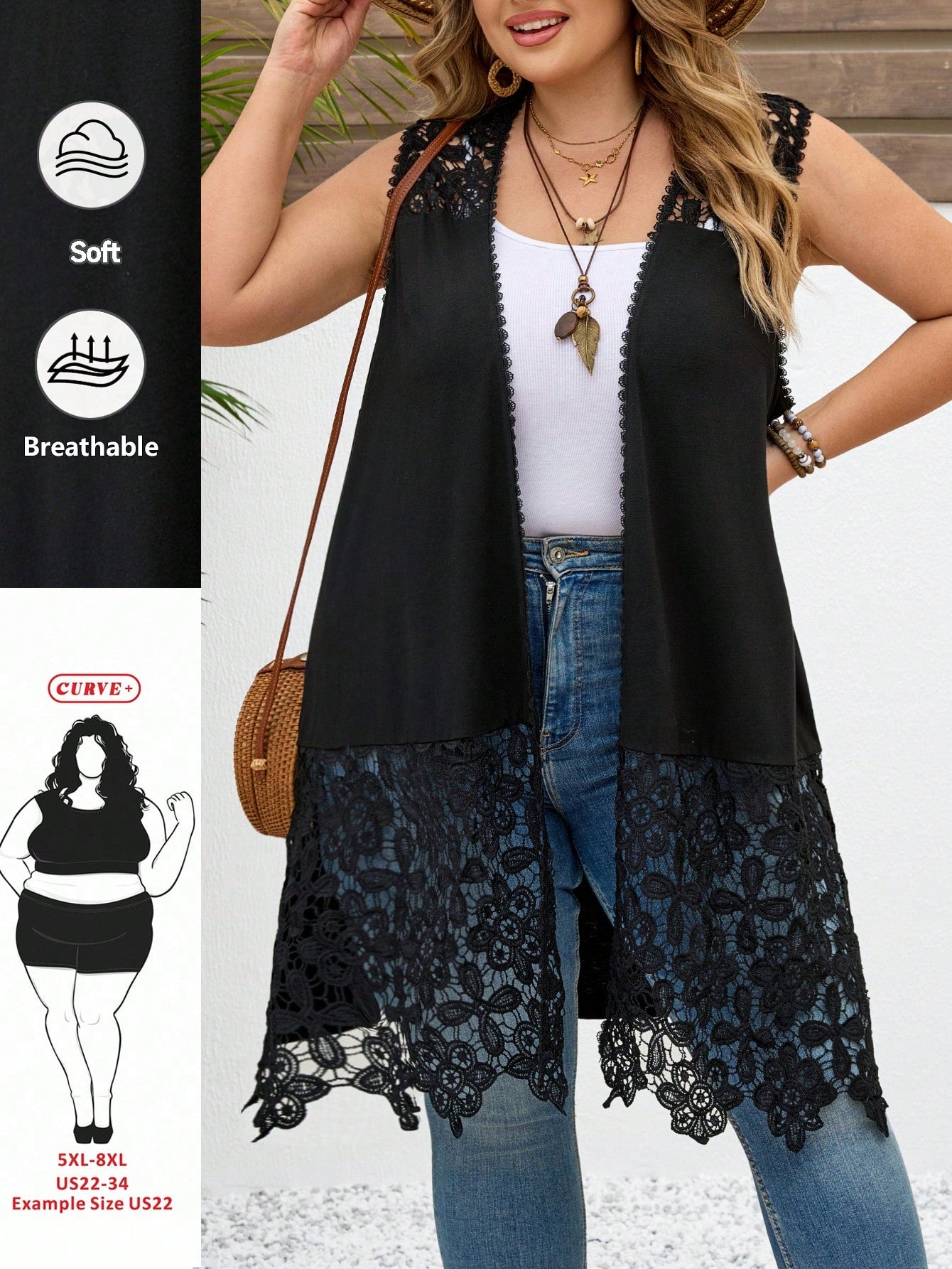 CURVE+ Plus Size Women Black Hollow Out Sleeveless Long Cardigan Summer Beach Vacation
