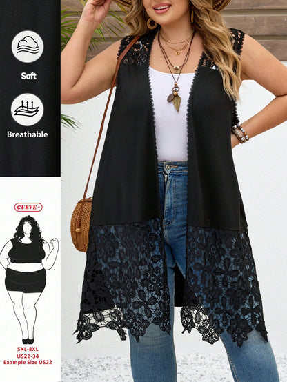 CURVE+ Plus Size Women Black Hollow Out Sleeveless Long Cardigan Summer Beach Vacation