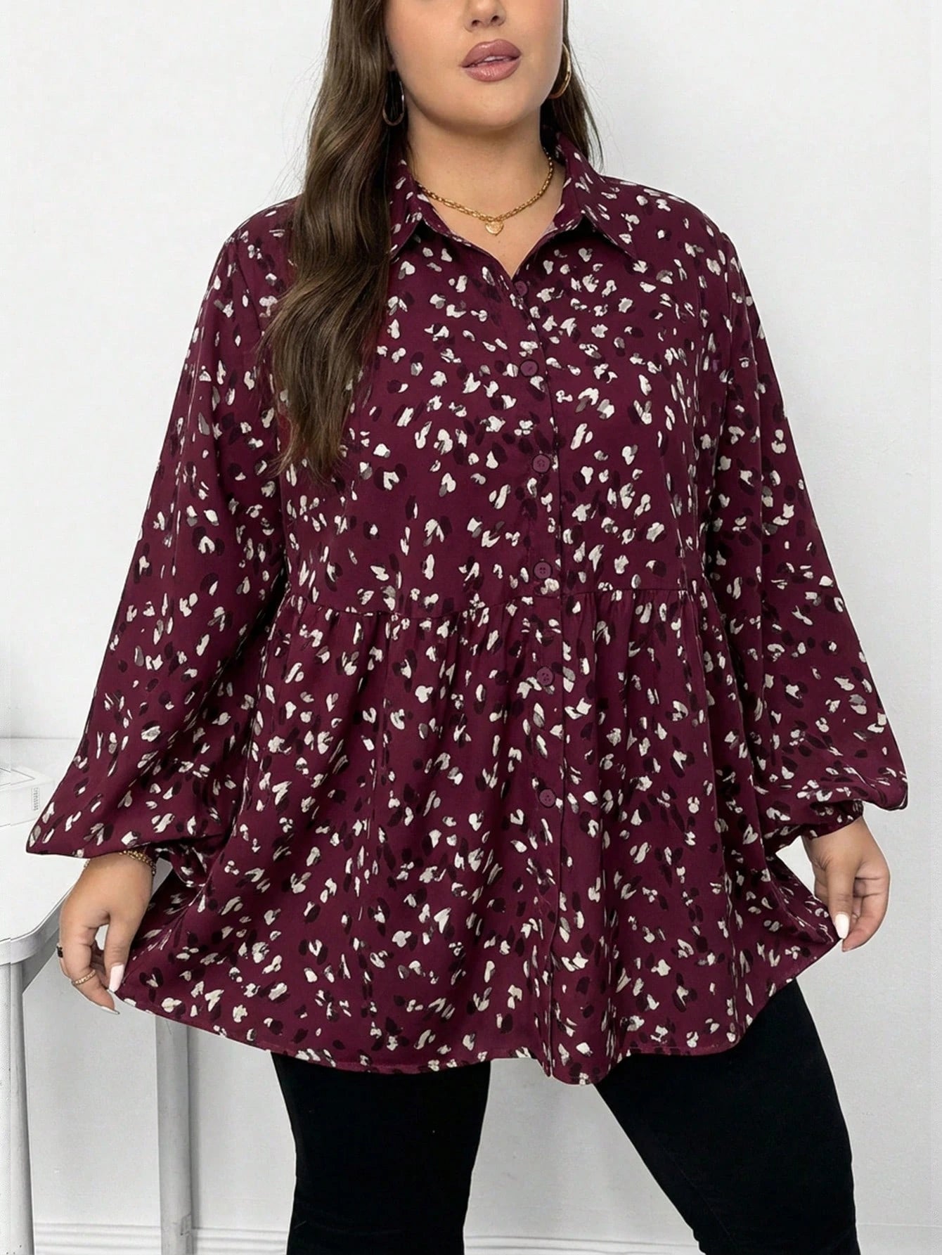 CURVE+ Plus Size Women Casual Traditional Greek Goddess Lantern Sleeve Printed Shirt Suitable For Spring Autumn And Winter 2026 New Year Fall Office