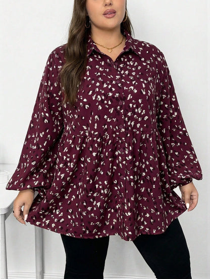 CURVE+ Plus Size Women Casual Traditional Greek Goddess Lantern Sleeve Printed Shirt Suitable For Spring Autumn And Winter 2026 New Year Fall Office