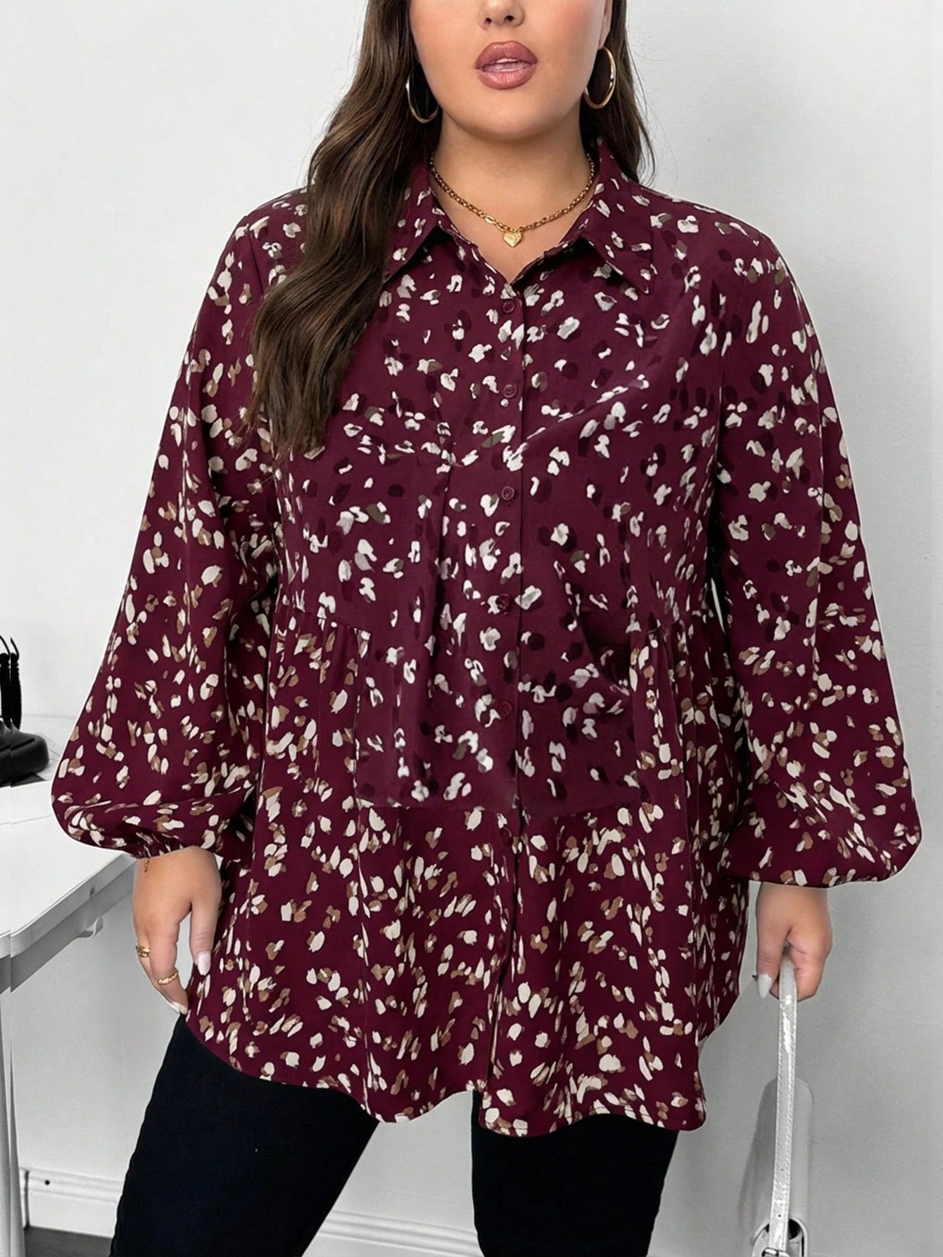 CURVE+ Plus Size Women Casual Traditional Greek Goddess Lantern Sleeve Printed Shirt Suitable For Spring Autumn And Winter 2026 New Year Fall Office