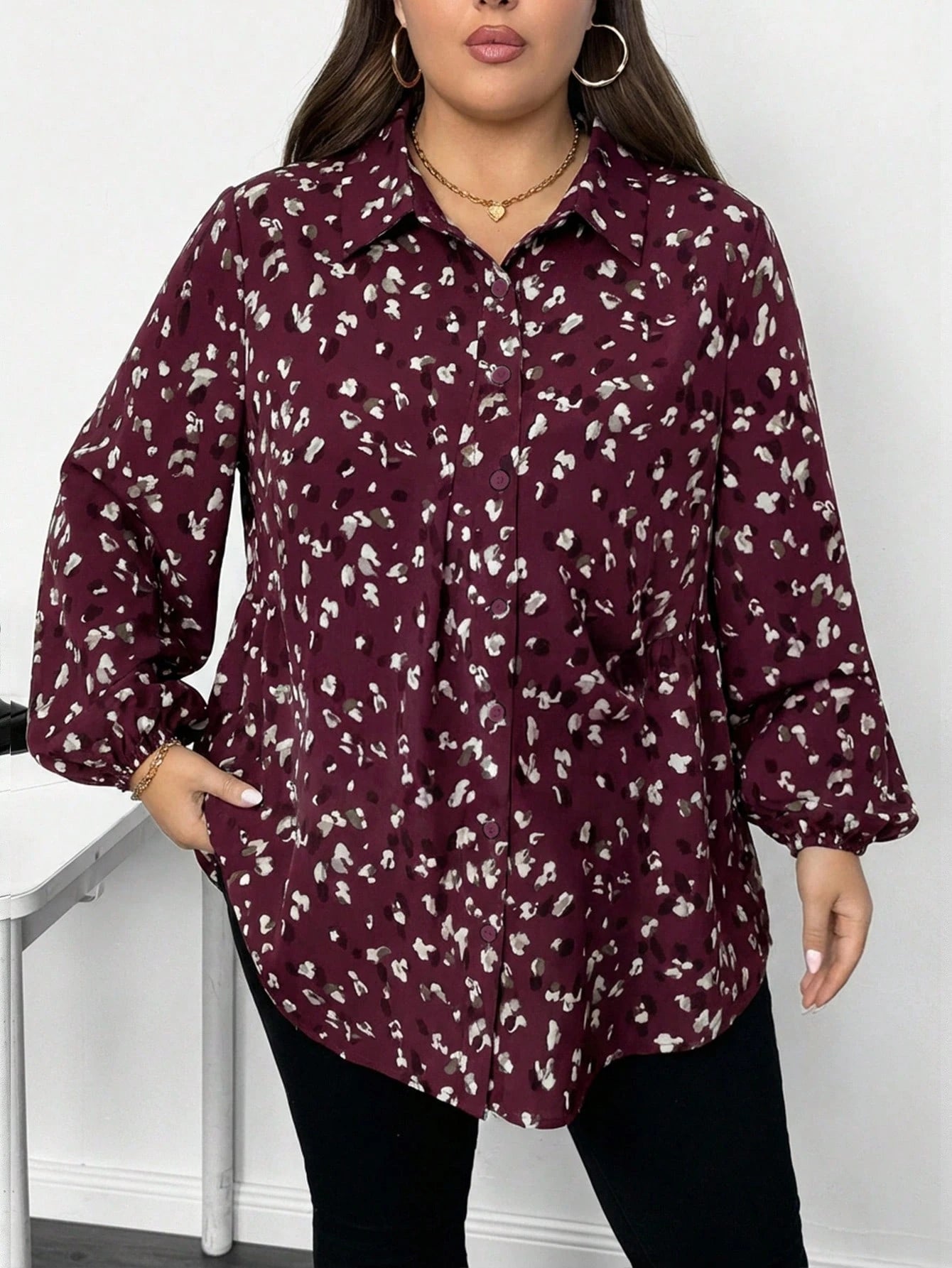 CURVE+ Plus Size Women Casual Traditional Greek Goddess Lantern Sleeve Printed Shirt Suitable For Spring Autumn And Winter 2026 New Year Fall Office