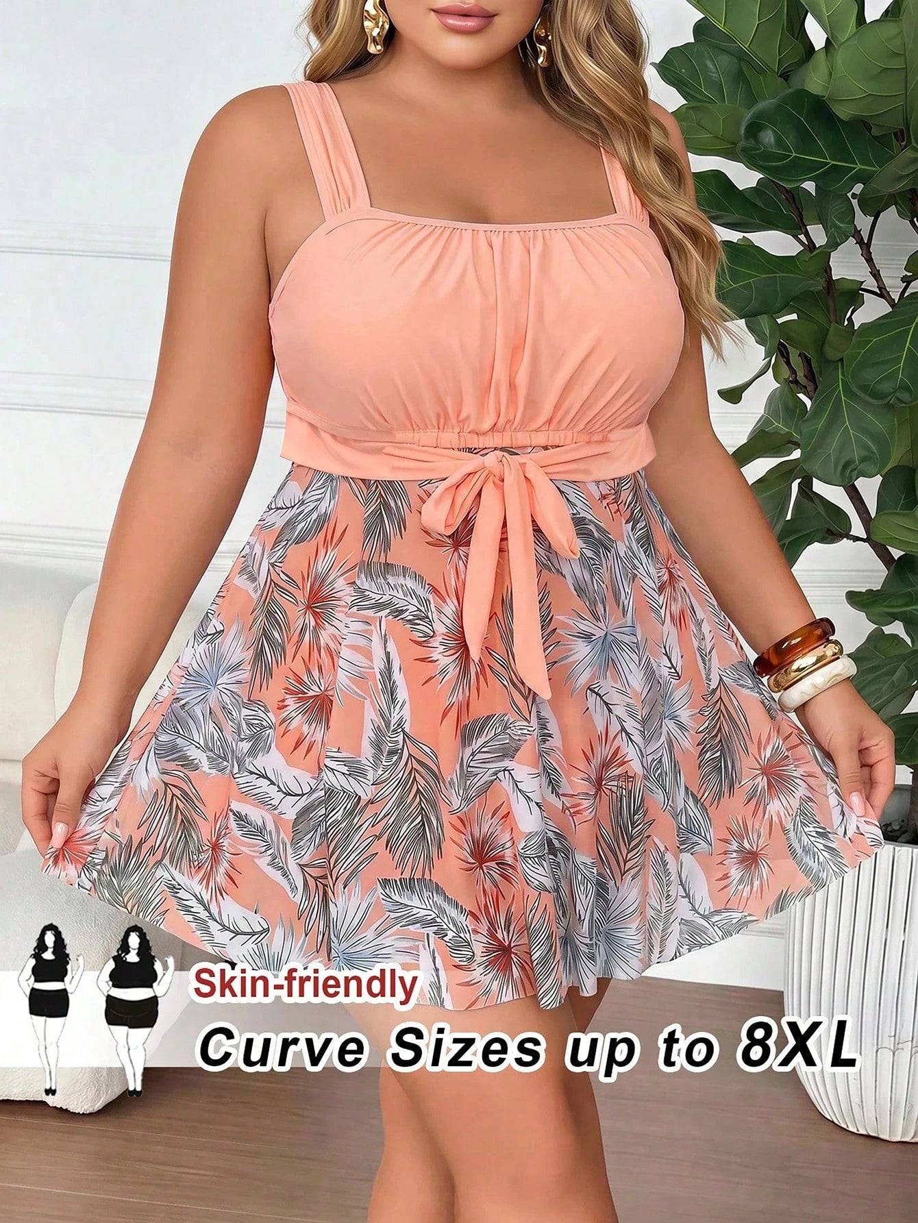 CURVE+ Plus Size Women's 2pcs Set Thick Strap Patchwork Printed Mesh Hem Tankini Top & Triangle Bottoms, Vacation Beach Swimsuit