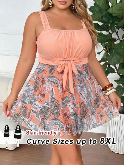 CURVE+ Plus Size Women's 2pcs Set Thick Strap Patchwork Printed Mesh Hem Tankini Top & Triangle Bottoms, Vacation Beach Swimsuit