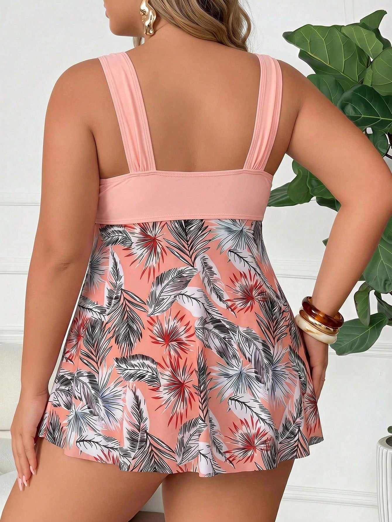 CURVE+ Plus Size Women's 2pcs Set Thick Strap Patchwork Printed Mesh Hem Tankini Top & Triangle Bottoms, Vacation Beach Swimsuit