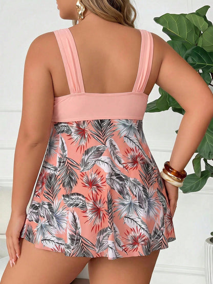 CURVE+ Plus Size Women's 2pcs Set Thick Strap Patchwork Printed Mesh Hem Tankini Top & Triangle Bottoms, Vacation Beach Swimsuit