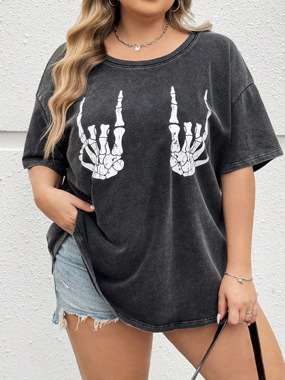 CURVE+ Plus Size Women's Dark Green Summer Grunge Goth 90s Everyday Office Concert Skeleton Hand Pattern Short Sleeved T-Shirt Loose Retro Knitted Top
