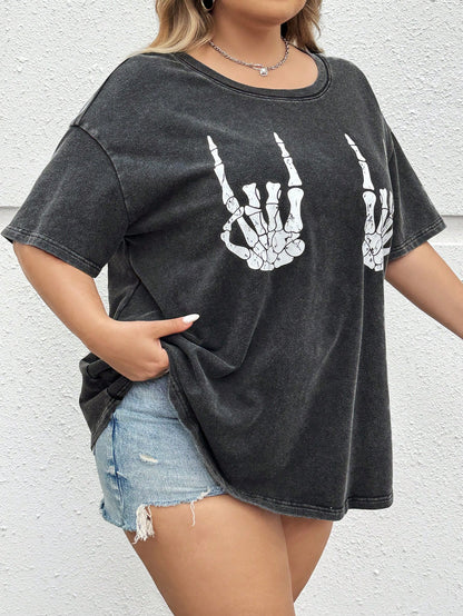 CURVE+ Plus Size Women's Dark Green Summer Grunge Goth 90s Everyday Office Concert Skeleton Hand Pattern Short Sleeved T-Shirt Loose Retro Knitted Top