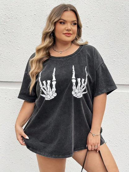 CURVE+ Plus Size Women's Dark Green Summer Grunge Goth 90s Everyday Office Concert Skeleton Hand Pattern Short Sleeved T-Shirt Loose Retro Knitted Top