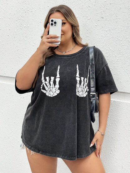 CURVE+ Plus Size Women's Dark Green Summer Grunge Goth 90s Everyday Office Concert Skeleton Hand Pattern Short Sleeved T-Shirt Loose Retro Knitted Top