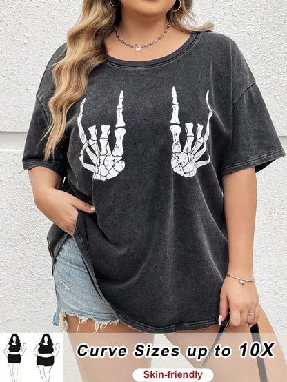 CURVE+ Plus Size Women's Dark Green Summer Grunge Goth 90s Everyday Office Concert Skeleton Hand Pattern Short Sleeved T-Shirt Loose Retro Knitted Top