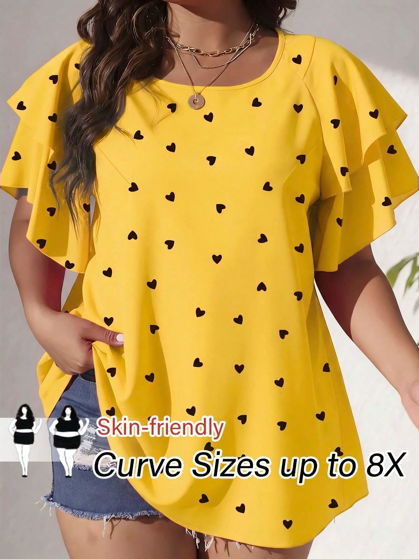 CURVE+ Plus Size Women's Elegant Spring/Summer Casual Allover Heart Print Blouse, Vacation