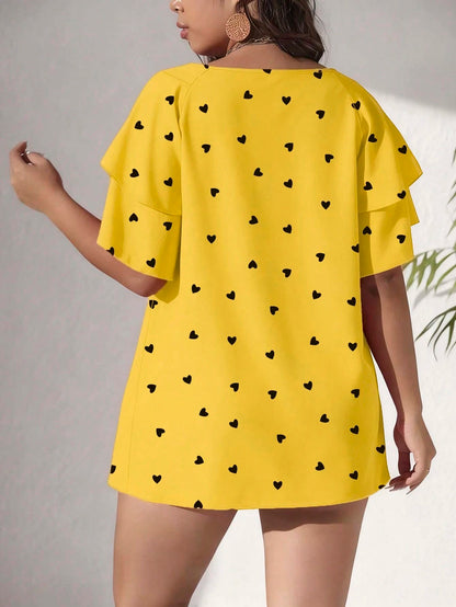 CURVE+ Plus Size Women's Elegant Spring/Summer Casual Allover Heart Print Blouse, Vacation