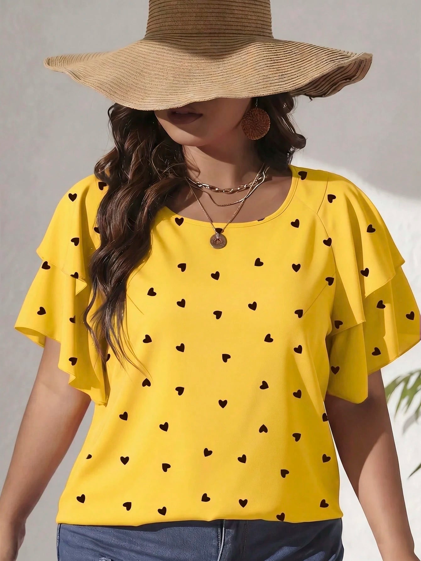 CURVE+ Plus Size Women's Elegant Spring/Summer Casual Allover Heart Print Blouse, Vacation