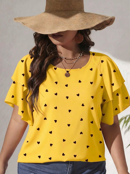 CURVE+ Plus Size Women's Elegant Spring/Summer Casual Allover Heart Print Blouse, Vacation
