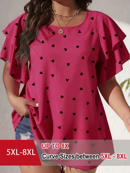 CURVE+ Plus Size Women's Elegant Spring/Summer Casual Allover Heart Print Blouse, Vacation