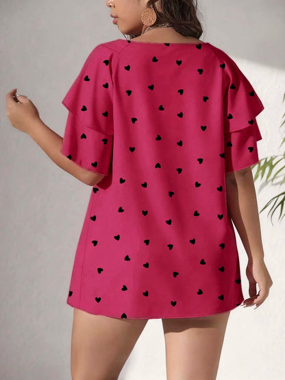 CURVE+ Plus Size Women's Elegant Spring/Summer Casual Allover Heart Print Blouse, Vacation