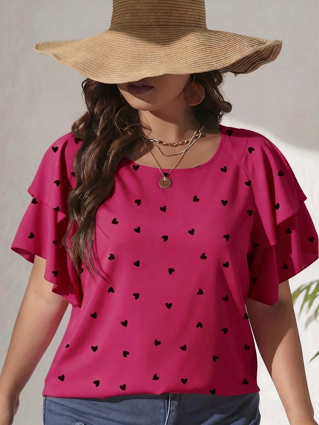 CURVE+ Plus Size Women's Elegant Spring/Summer Casual Allover Heart Print Blouse, Vacation