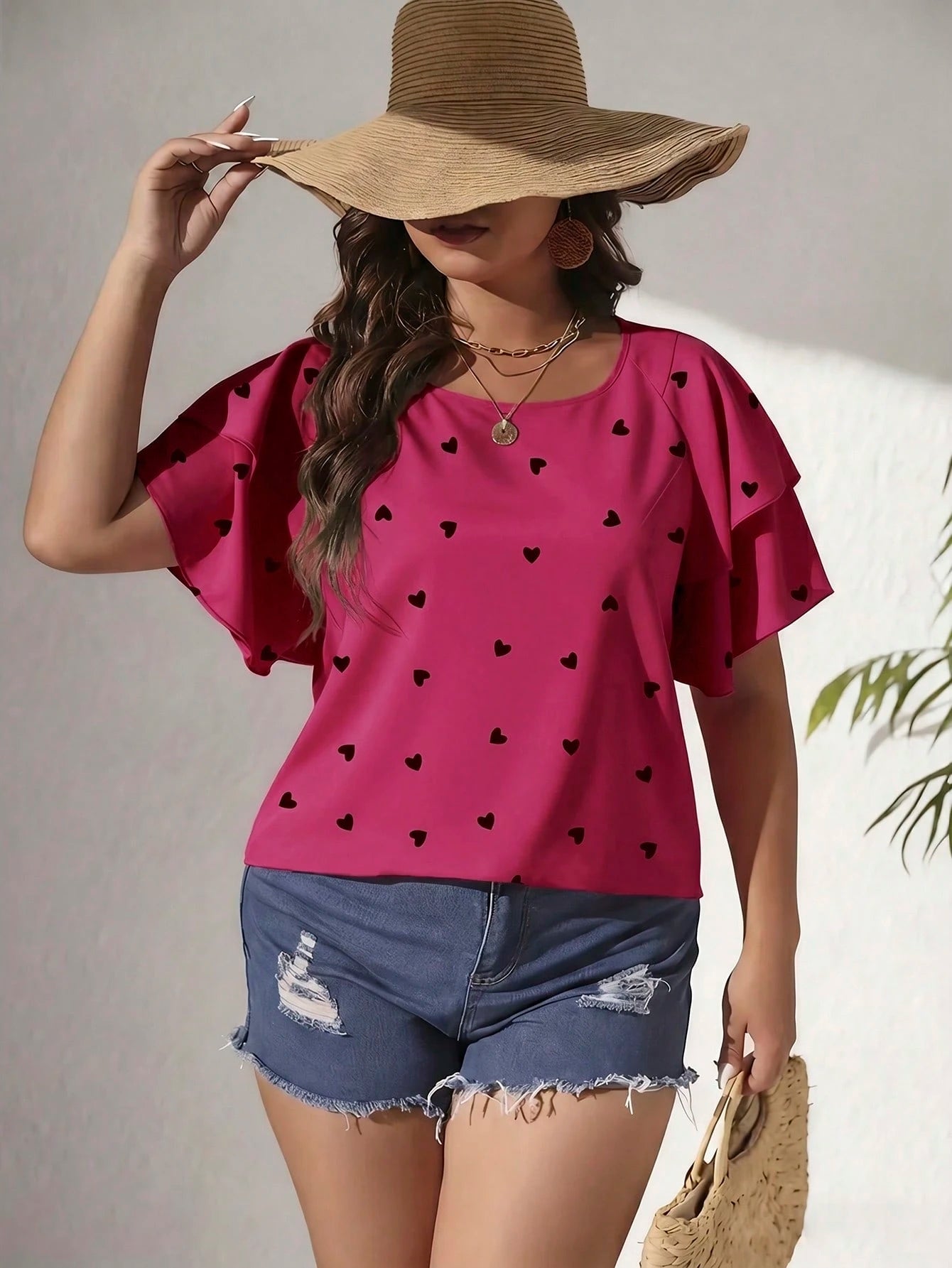 CURVE+ Plus Size Women's Elegant Spring/Summer Casual Allover Heart Print Blouse, Vacation