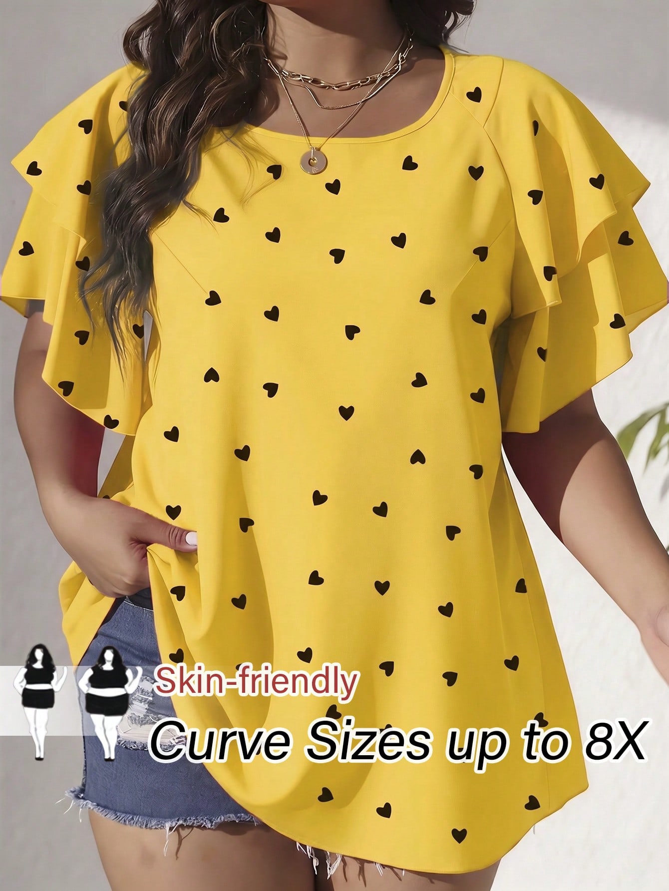 CURVE+ Plus Size Women's Elegant Spring/Summer Casual Allover Heart Print Blouse, Vacation
