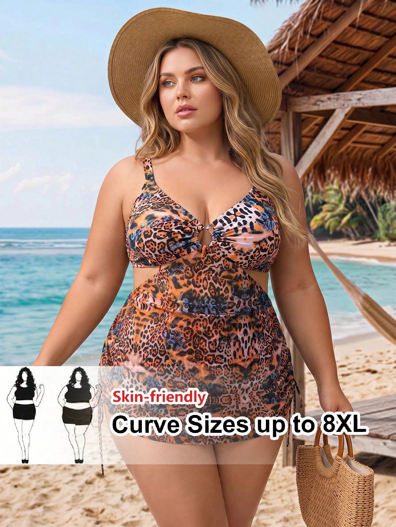 CURVE+ Plus Size Women's Leopard Print Hollow Out Cami Swim Dress For Summer Beach