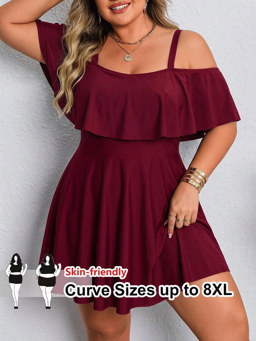 CURVE+ Plus Size Women's Solid Color Ruffle Off-Shoulder Swim Dress Beach Vacation Beach Vacation Vacation Summer Eleganza Eleganza Sexy