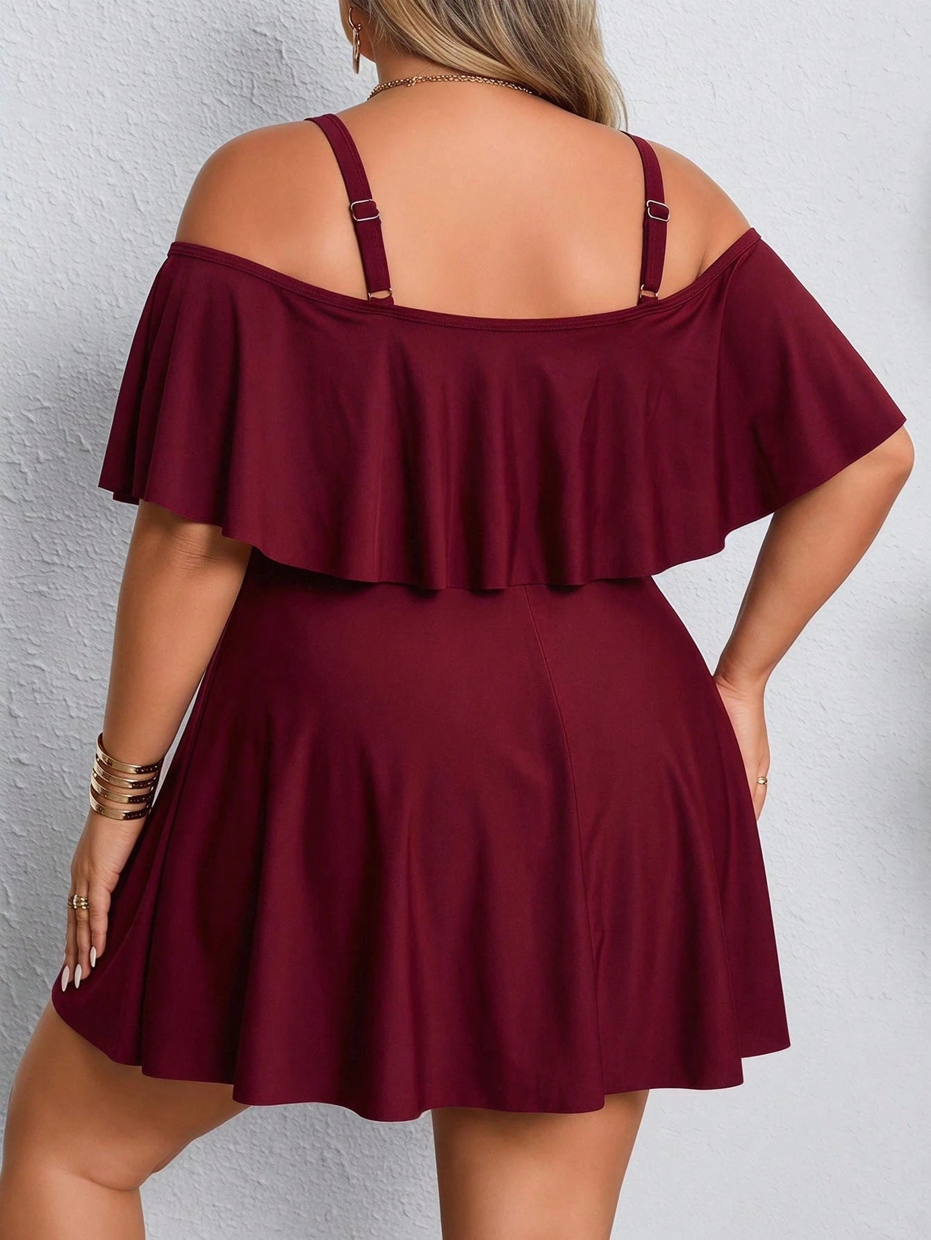 CURVE+ Plus Size Women's Solid Color Ruffle Off-Shoulder Swim Dress Beach Vacation Beach Vacation Vacation Summer Eleganza Eleganza Sexy