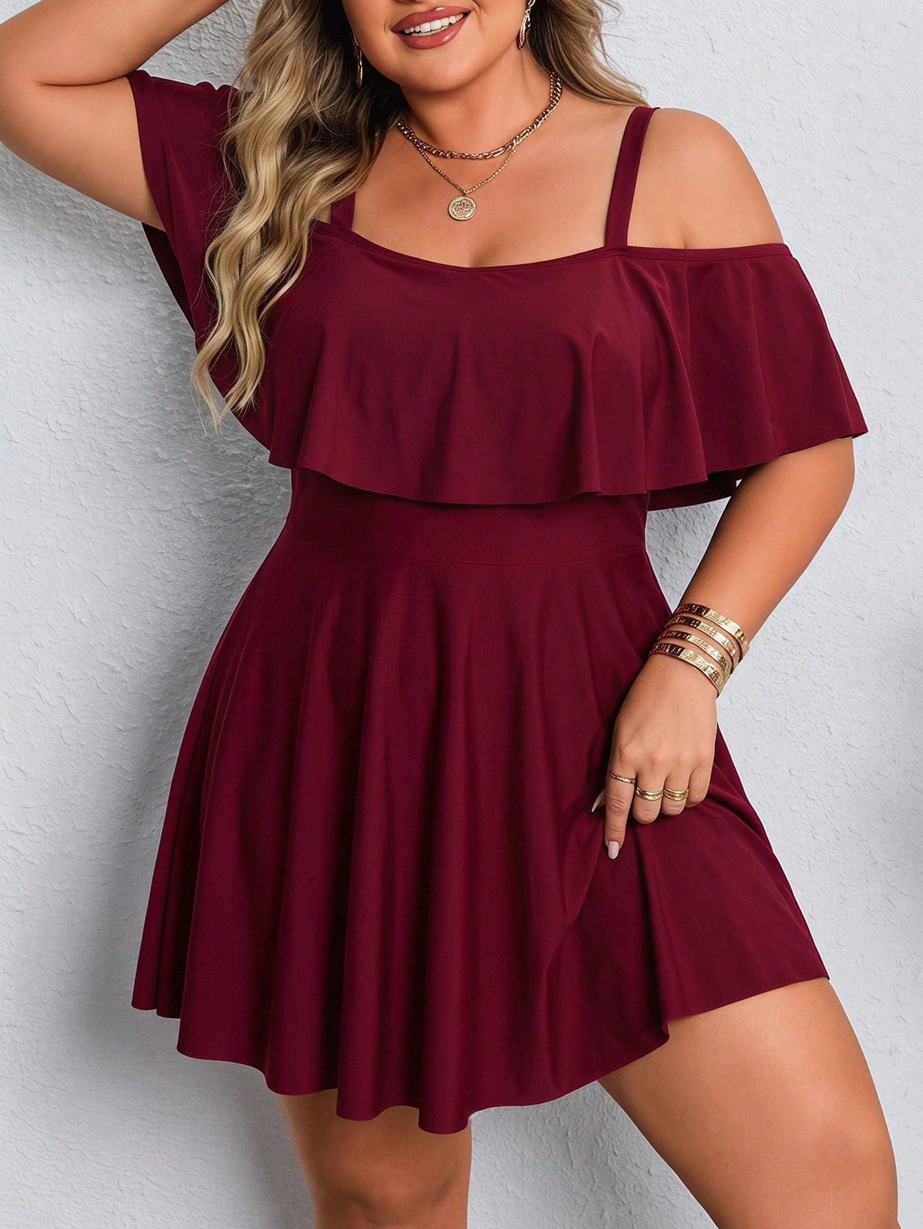 CURVE+ Plus Size Women's Solid Color Ruffle Off-Shoulder Swim Dress Beach Vacation Beach Vacation Vacation Summer Eleganza Eleganza Sexy