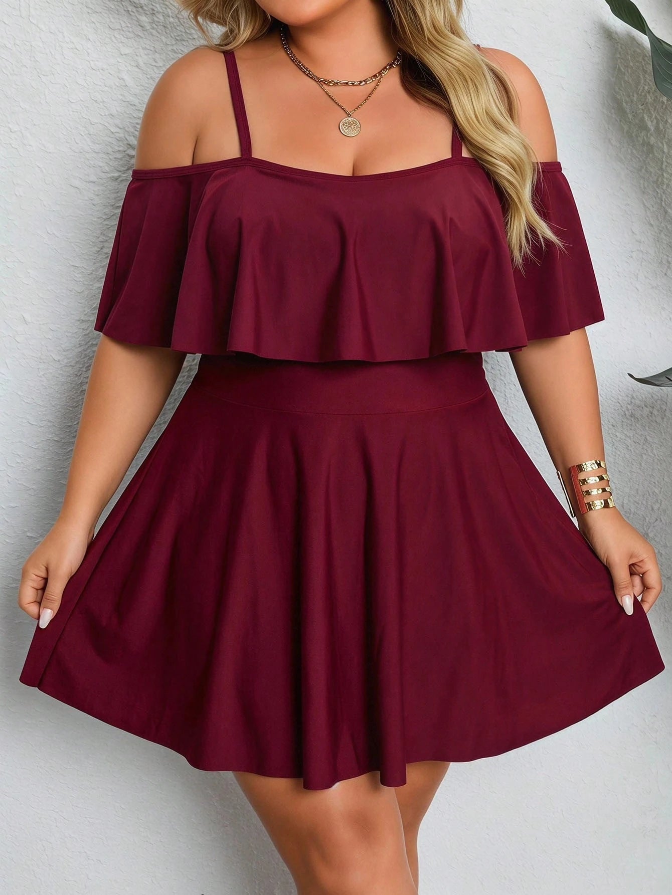 CURVE+ Plus Size Women's Solid Color Ruffle Off-Shoulder Swim Dress Beach Vacation Beach Vacation Vacation Summer Eleganza Eleganza Sexy