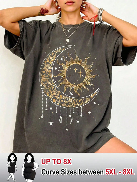 CURVE+ Plus Size Women Vintage Star & Moon Print Casual Loose Mid-Length Short Sleeve Round Neck T-Shirt