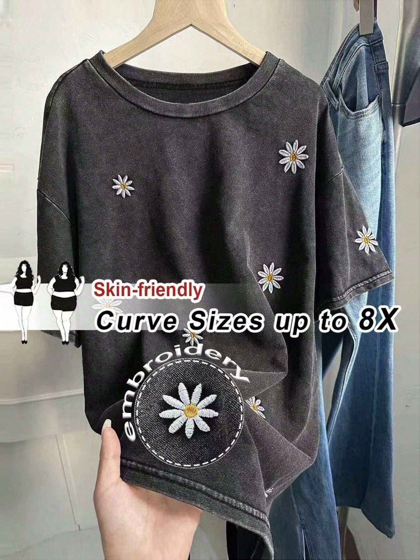 CURVE+ Women's Plus Size Round Neck Short Sleeve Loose T-Shirt With Washed Snow And Embroidery