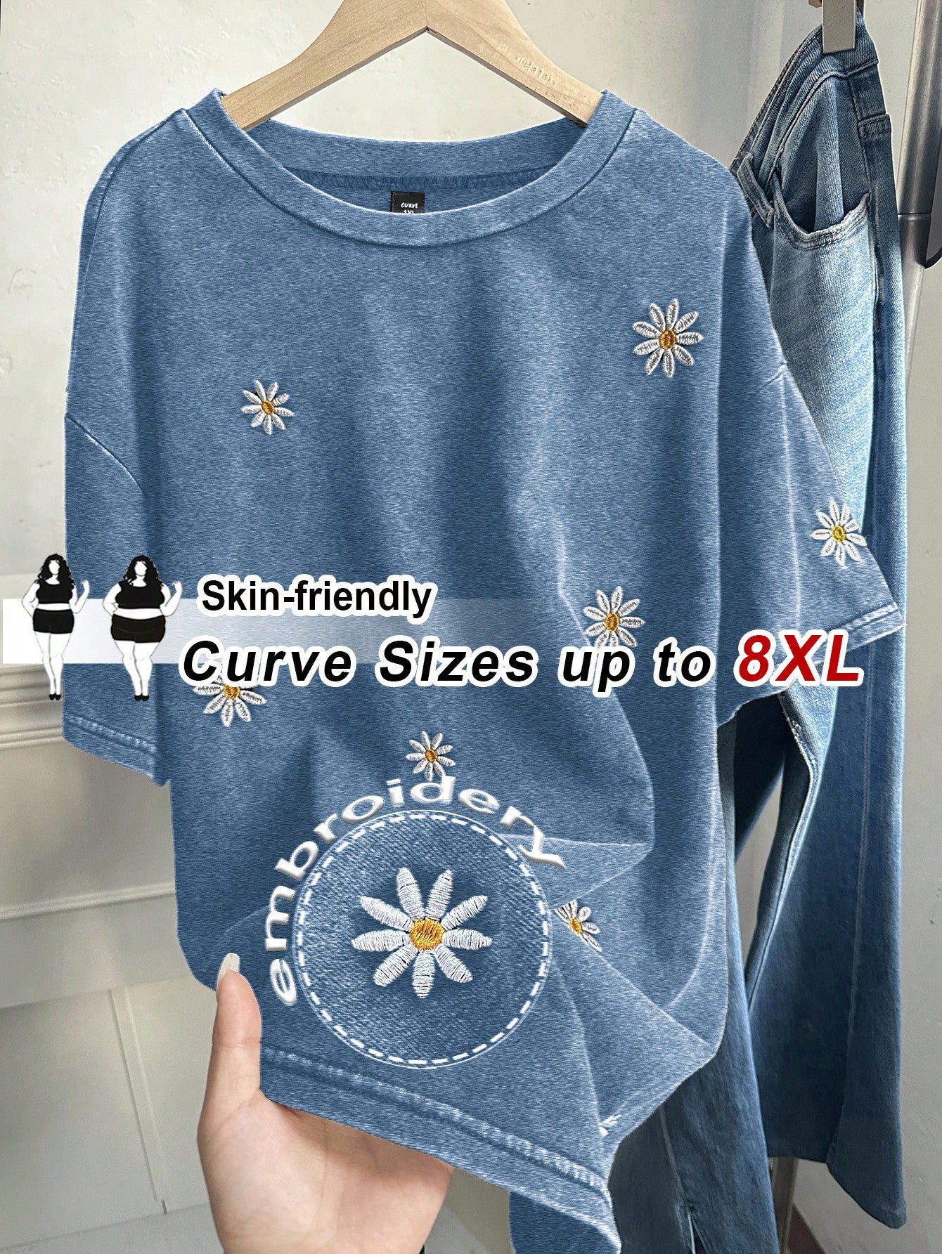 CURVE+ Women's Plus Size Round Neck Short Sleeve Loose T-Shirt With Washed Snow And Embroidery