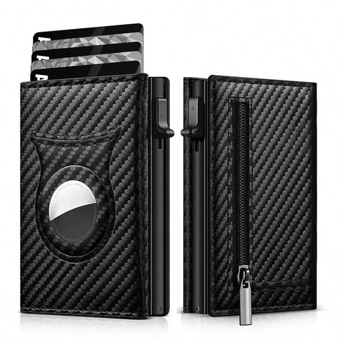 Customized Name Men's Carbon Fiber Magnetic Card Holder Leather RFID Tri-Fold Card Wallet With Zipper Smart Wallet AirTag Men's Wallet Mini Wallet Leather Wallet