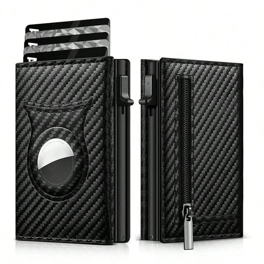 Customized Name Men's Carbon Fiber Magnetic Card Holder Leather RFID Tri-Fold Card Wallet With Zipper Smart Wallet AirTag Men's Wallet Mini Wallet Leather Wallet