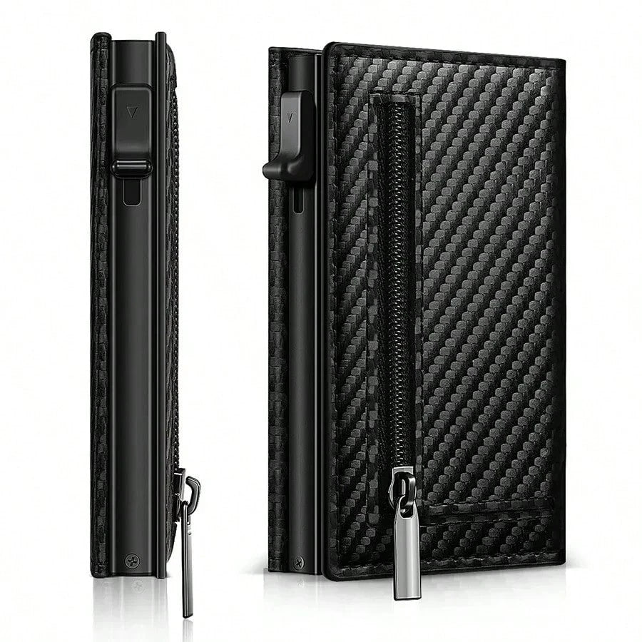 Customized Name Men's Carbon Fiber Magnetic Card Holder Leather RFID Tri-Fold Card Wallet With Zipper Smart Wallet AirTag Men's Wallet Mini Wallet Leather Wallet