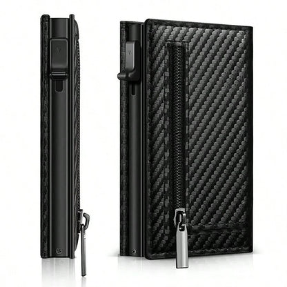 Customized Name Men's Carbon Fiber Magnetic Card Holder Leather RFID Tri-Fold Card Wallet With Zipper Smart Wallet AirTag Men's Wallet Mini Wallet Leather Wallet