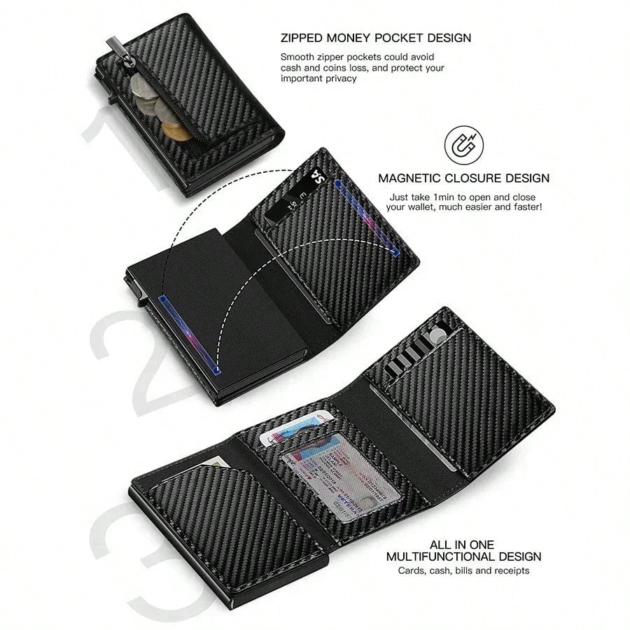 Customized Name Men's Carbon Fiber Magnetic Card Holder Leather RFID Tri-Fold Card Wallet With Zipper Smart Wallet AirTag Men's Wallet Mini Wallet Leather Wallet
