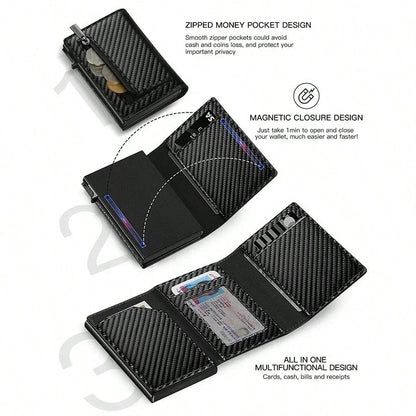 Customized Name Men's Carbon Fiber Magnetic Card Holder Leather RFID Tri-Fold Card Wallet With Zipper Smart Wallet AirTag Men's Wallet Mini Wallet Leather Wallet